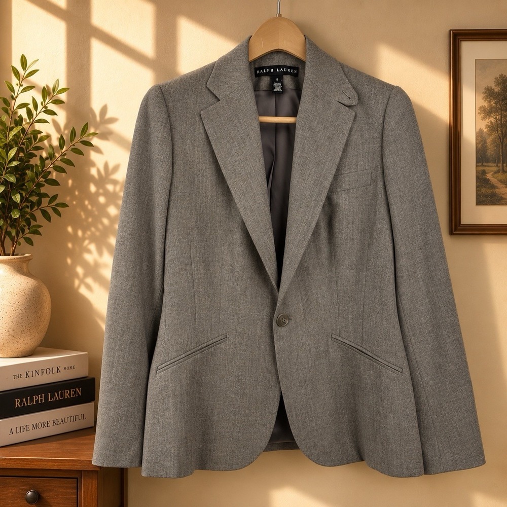 Ralph Lauren Blazer Womens 8 Gray Lamb Suede Wool Silk Black Label Tailored Coat